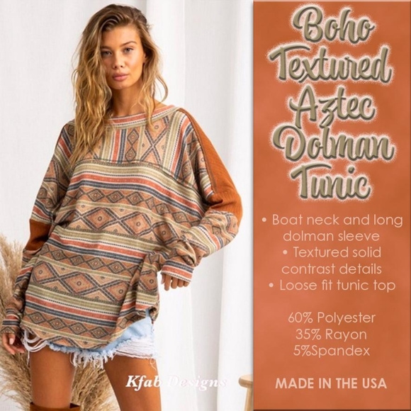 KFab Designs Tops - BOHO TEXTURED AZTEC DOLMAN TUNIC